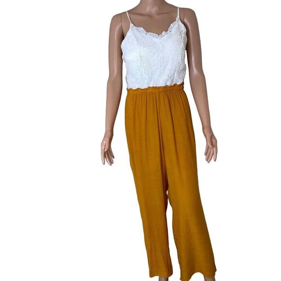 Papaya romper one piece jumpsuit romper burnt yellow bottom white lace top SZ M - Picture 3 of 12